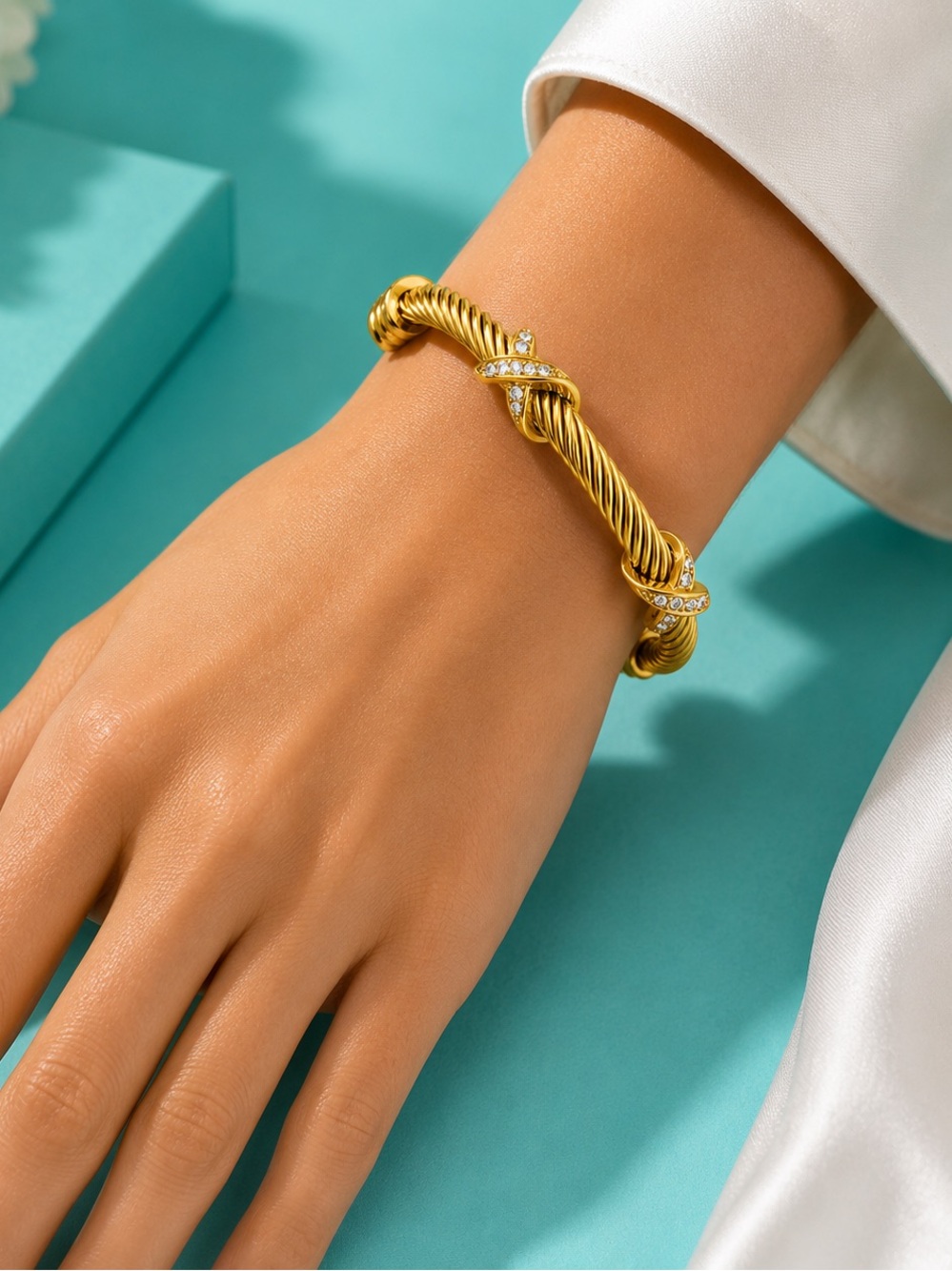 Classic Gold Twisted Cable Crystal Accent Cuff Bracelet